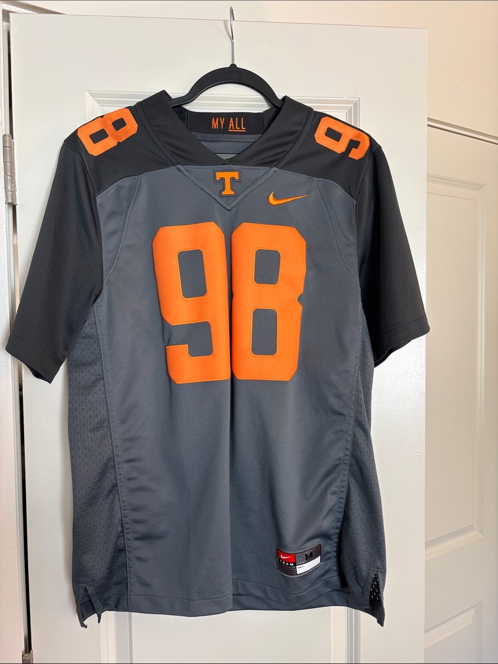 Nike Gray Football Jersey with Orange #98 and Black Accents